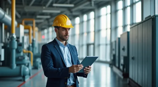 Professionnel analysant la performance énergétique d'une entreprise avec des données et équipements modernes