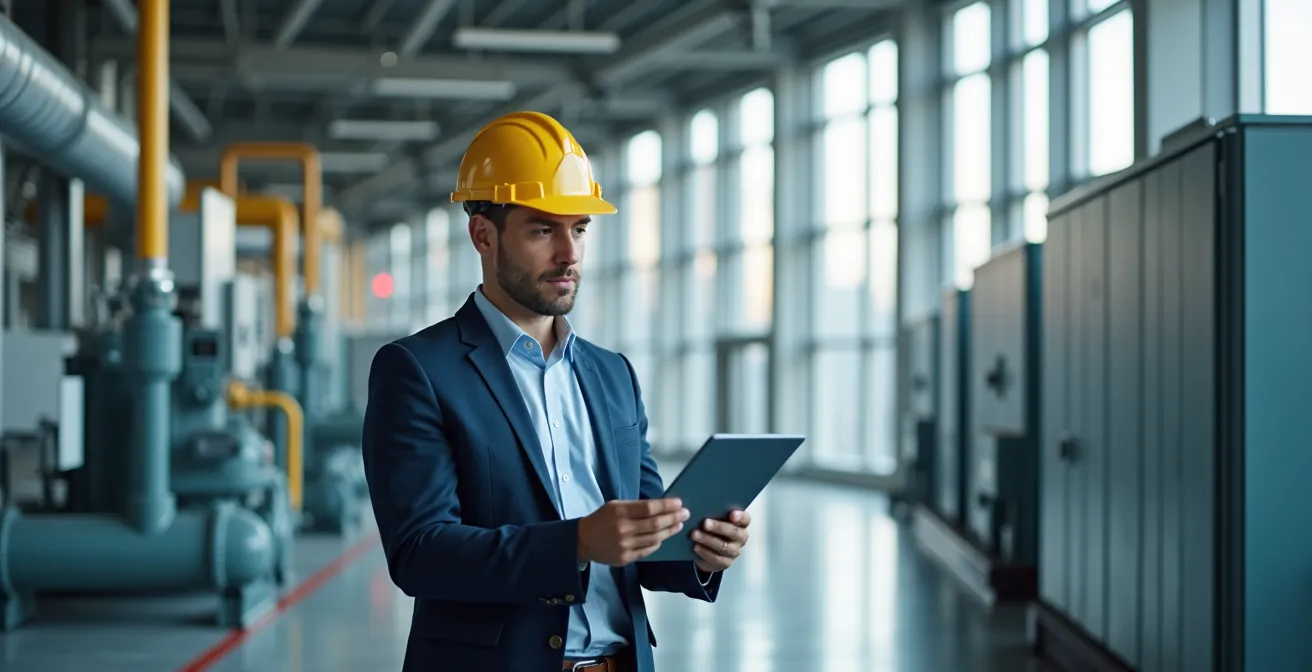 Professionnel analysant la performance énergétique d'une entreprise avec des données et équipements modernes