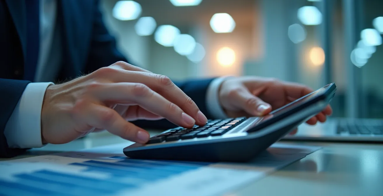 Main tenant une calculatrice moderne avec des graphiques de performance énergétique en arrière-plan