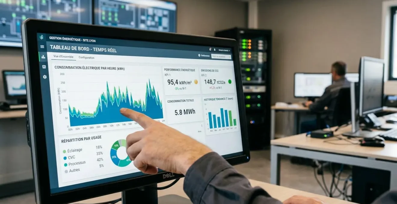 Interface logiciel de gestion énergétique affichant des graphiques de consommation en temps réel et indicateurs KPI sur grand écran professionnel dans une salle de pilotage industrielle, environnement monitoring moderne