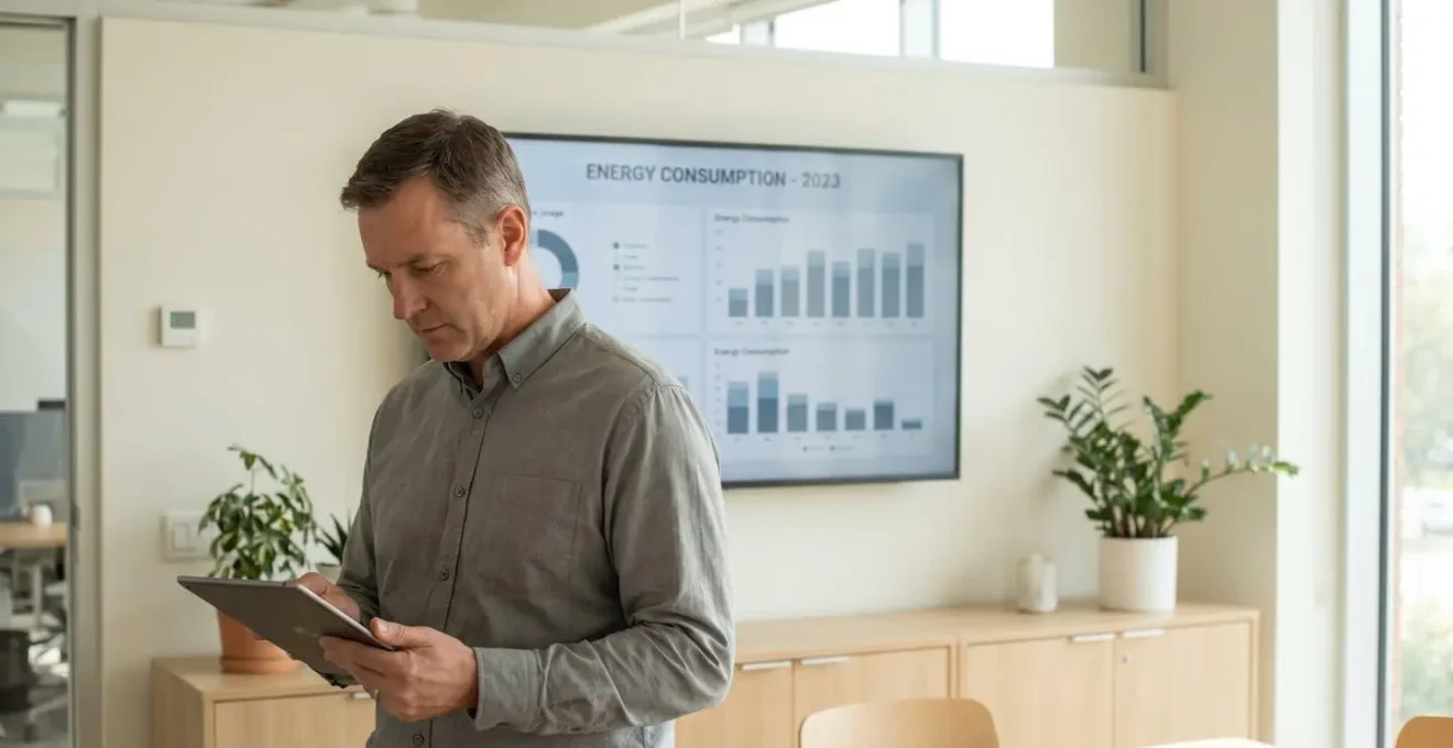 Responsable facility management analysant les données de consommation énergétique d'un bâtiment tertiaire