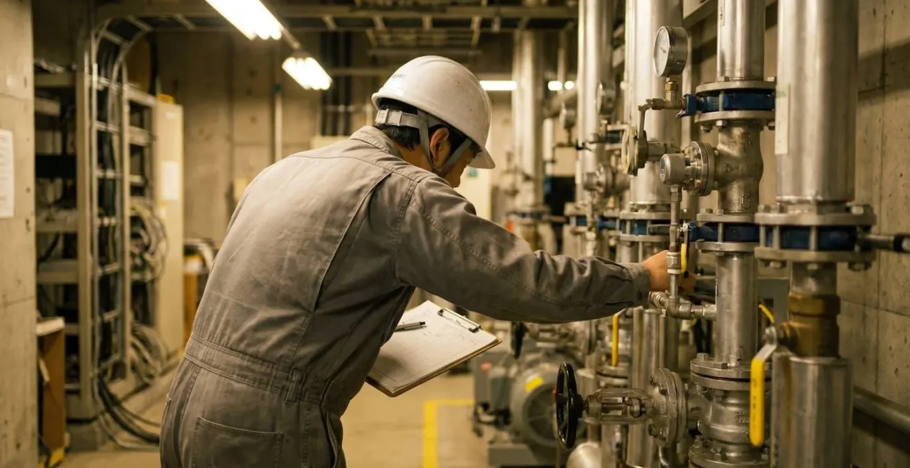 Technicien vérifiant une installation de gaz propane sur un site tertiaire professionnel