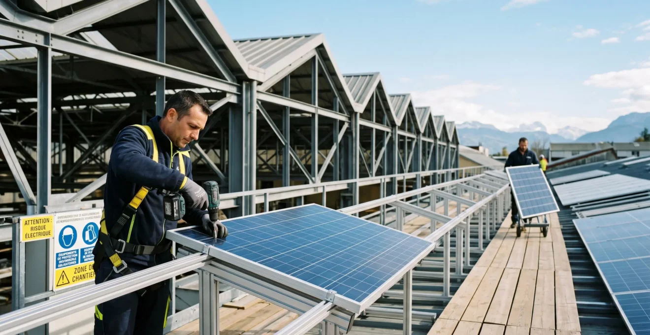 Technicien contrôlant un système de gestion énergétique moderne dans un local technique industriel français, avec écrans de monitoring et tableaux électriques récents, lumière naturelle, ambiance professionnelle optimiste