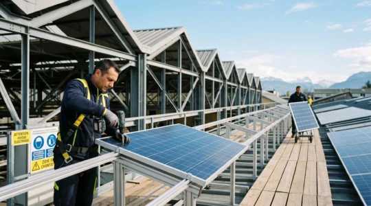 Technicien contrôlant un système de gestion énergétique moderne dans un local technique industriel français, avec écrans de monitoring et tableaux électriques récents, lumière naturelle, ambiance professionnelle optimiste